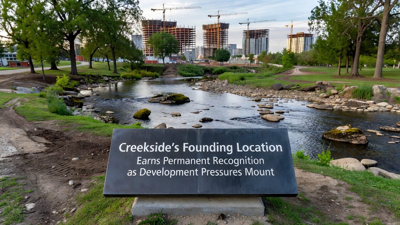 Close-up of newly installed permanent marker at Creekside founding site with protective fencing