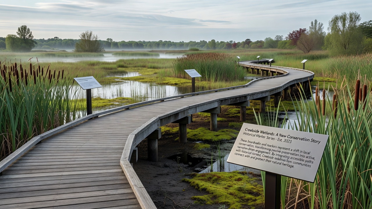 Historical marker plaque beside Creekside boardwalk detailing past wetland drainage and restoration efforts